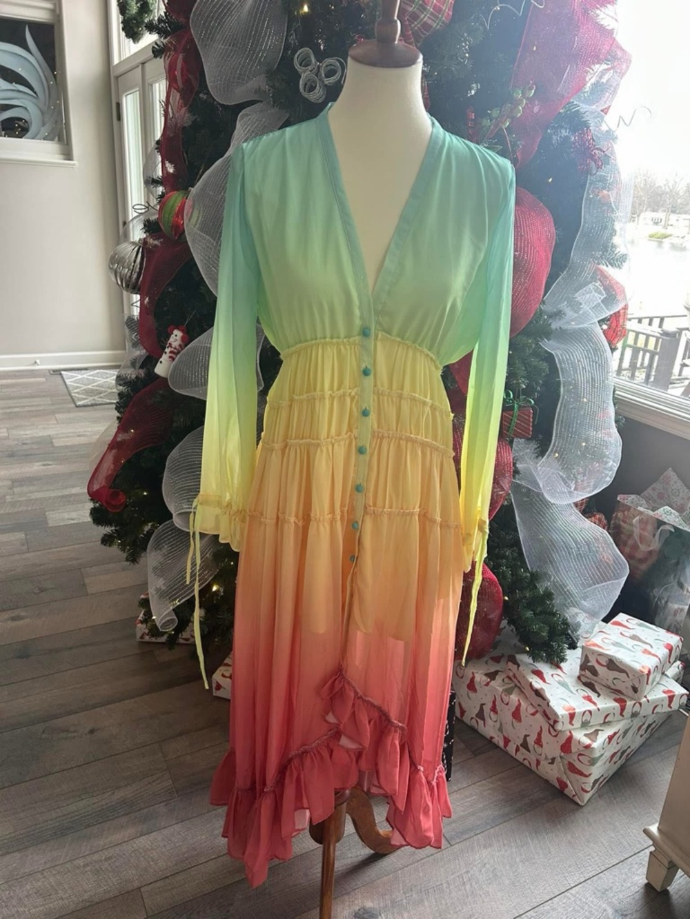 Long Sleeve Ombre Tiered Maxi Dress - Mint to Coral